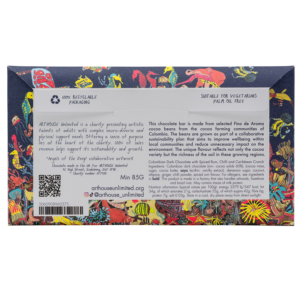 Arthouse Chocolate, Angels of The Deep Dark Chocolate with Spiced Rum, Chilli & Caribbean Crunch - Image 2