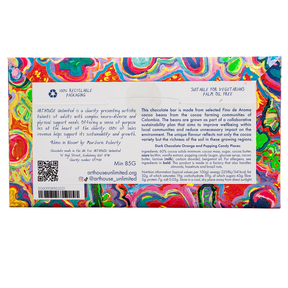 Arthouse Chocolate, Rhino in Bloom – Dark Chocolate with Orange and Popping Candy pieces - Image 2