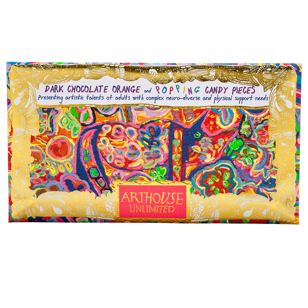 Arthouse Chocolate, Rhino in Bloom – Dark Chocolate with Orange and Popping Candy pieces